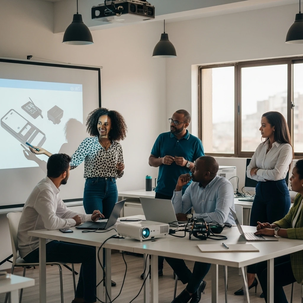 Diverse Ethiopian professionals collaborating on innovative projects with holographic blueprints